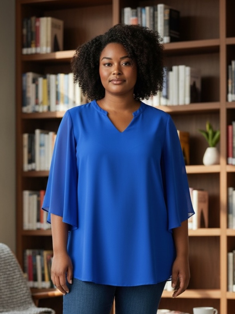 Women’s Plus Size Royal Blue V-Neck Flutter Sleeve Blouse